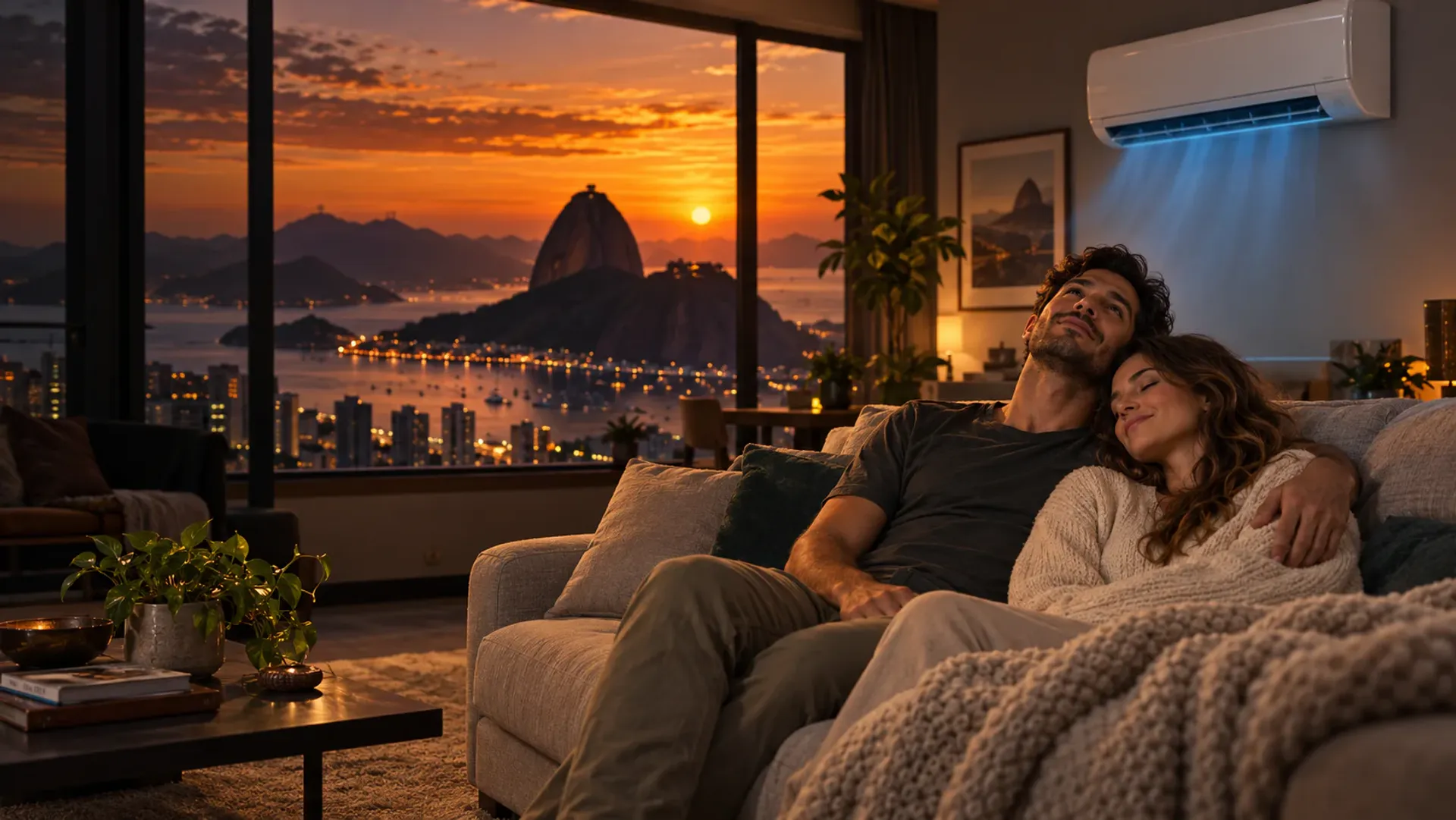Casal em apartamento climatizado com vista para o Rio de Janeiro