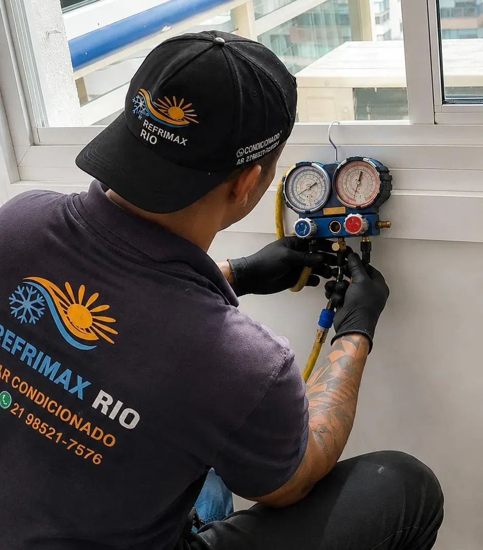 Técnico uniformizado da Refrimax verificando pressão do ar-condicionado